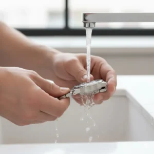 Rinsing off the soap residue under fresh water as part of how to clean a stainless steel watch band