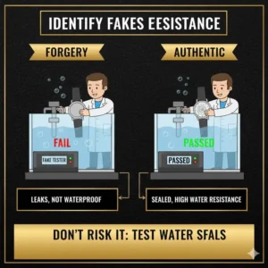Diagram or image representing a professional preparing a watch for a water resistance test, a crucial step to understand how to identify fake luxury watches.