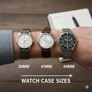 A side-by-side comparison of three different watch case sizes (38mm, 41mm, 44mm) on a wrist, illustrating ideal fit for the best watches for first-time collectors.