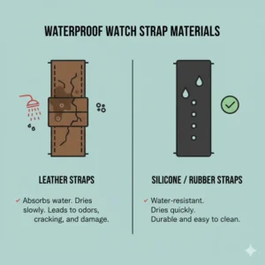 Illustration 5: Comparison of leather and silicone straps to see if can I shower with my waterproof watch safely.