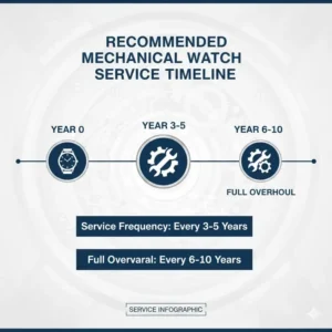 An infographic timeline showing the expert recommendation on how often should you service a mechanical watch.