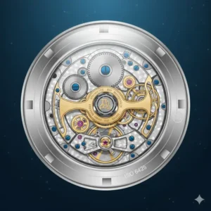 An intricate view of an automatic (mechanical) watch movement rotor through a clear case back. The type of movement (automatic or quartz) is an important consideration what to look for when buying a dive watch.