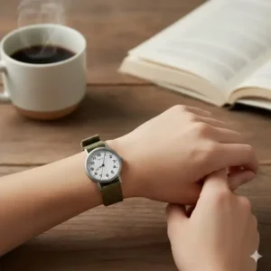 Small-sized, casual women's field watch with an olive green nylon strap, one of the best women’s watches for small wrists for everyday wear.