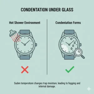 Illustration 6: Image showing condensation under the glass, a common issue when people wonder can I shower with my waterproof watch.