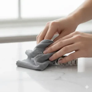 Carefully drying the metal parts with a soft cloth to complete how to clean a stainless steel watch band.