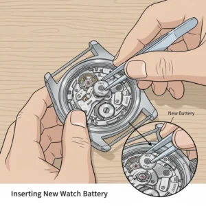 Placing a new silver oxide battery into the slot when following how to replace a watch battery at home.