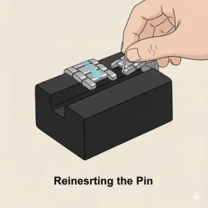Reassembling the strap pins while following the guide on how to resize a metal watch bracelet.