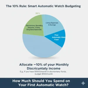 A graphic illustrating a personal finance rule for calculating how much should you spend on your first automatic watch without overextending your budget.