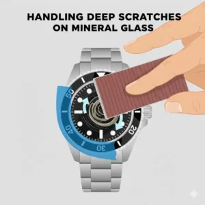 Using fine-grit sandpaper for deep marks when learning how to polish scratches off watch glass.