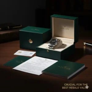 A luxury timepiece displayed with its original box and papers ("full set"), essential for achieving the highest watches with best resale value 2025.