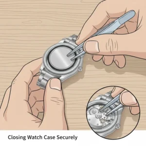 Securing the case back to finish the process of how to replace a watch battery at home.