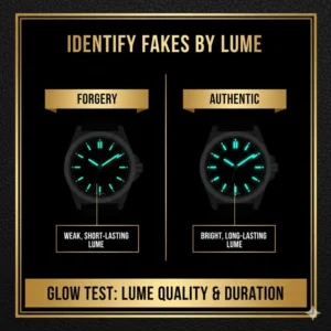 A side-by-side comparison of the luminosity (lume) of a genuine watch versus a fake, demonstrating how to identify fake luxury watches through lume quality.