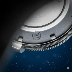 A small ISO 6425 certification symbol etched on the case back of a certified diver's watch. Look for the ISO 6425 standard for professional diver's watches when researching what to look for when buying a dive watch.