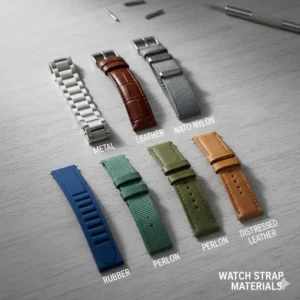 A display showing various watch strap materials—including stainless steel, leather, and rubber—to help new buyers choose the best watches for first-time collectors.