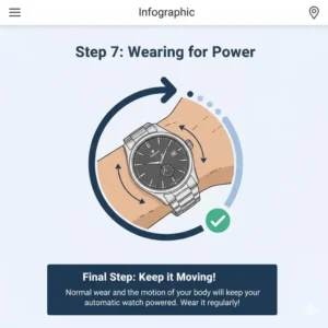 Image of an automatic watch being worn on a wrist, illustrating the final step of maintaining power after you learn how to wind an automatic watch properly.
