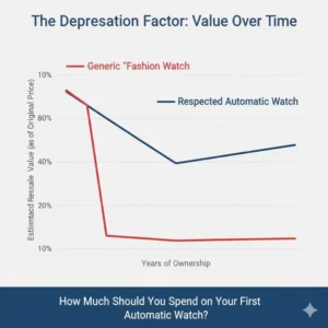 A line graph comparing the long-term resale value of a quality automatic watch versus a cheap fashion watch, demonstrating the investment aspect of figuring out how much should you spend on your first automatic watch.