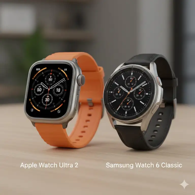 A professional side-by-side apple watch vs samsung galaxy watch comparison showcasing the latest flagship models on a wooden desk.