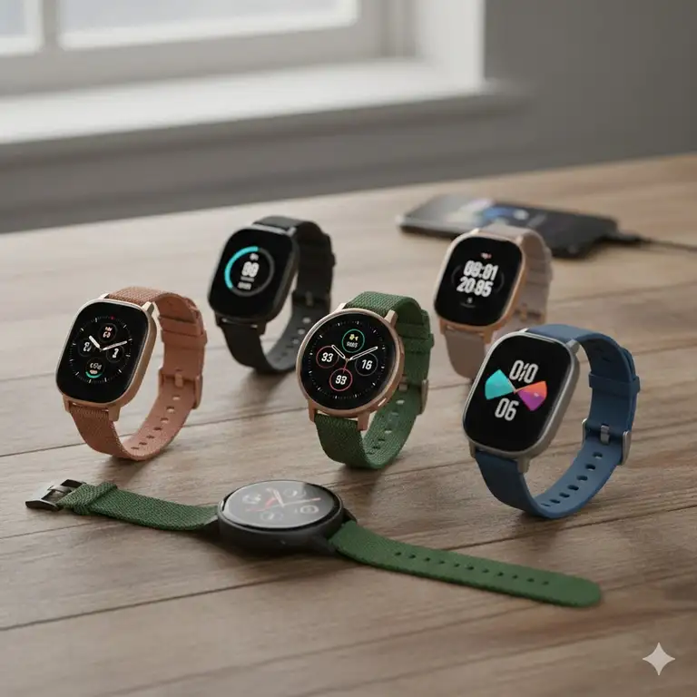 A variety of the best budget smartwatches under 100 displayed on a wooden table.