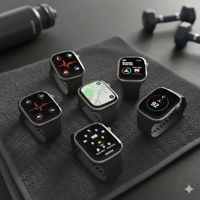 A collection of the best smartwatches for fitness tracking displayed on a gym towel with workout gear.