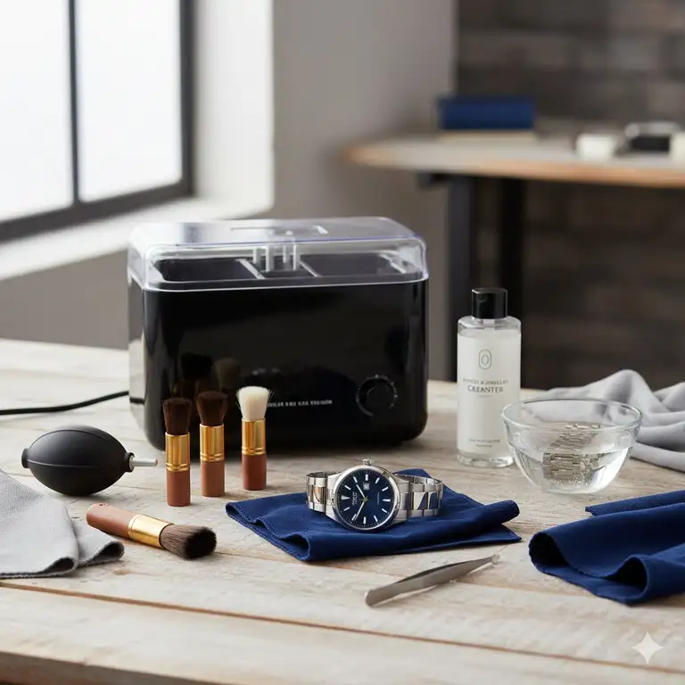 A professional setup of the best watch cleaning kits on Amazon featuring premium tools and a luxury timepiece.