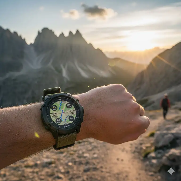 A hiker wearing one of the best watches for hiking and outdoor adventures while trekking on a scenic mountain trail.