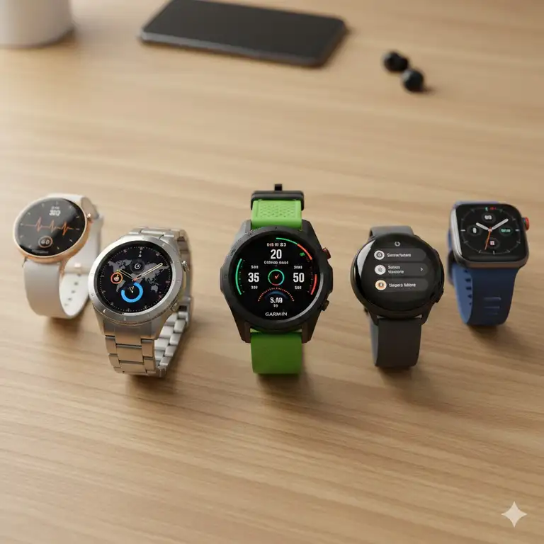 A group of various brand smartwatches compatible with iPhone and Android displayed on a wooden table.