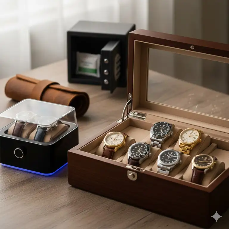 A professional collection showing how to store watches when not in use using different premium cases.