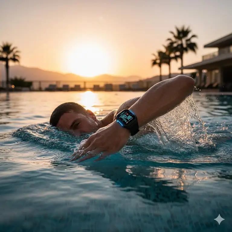 Professional swimmer in a pool using waterproof smartwatches for swimming to track performance at sunset.