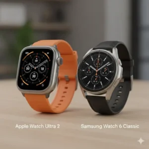 A visual apple watch vs samsung galaxy watch comparison focusing on the rectangular design of Apple versus the circular face of Samsung.
