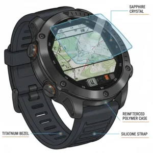 Illustration of premium materials like titanium and sapphire glass used in the best watches for hiking and outdoor adventures.