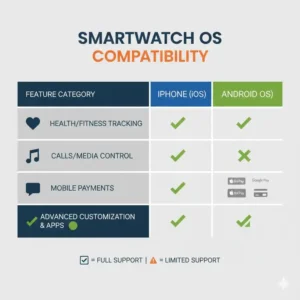 An infographic table showing features of different smartwatches compatible with iPhone and Android systems.