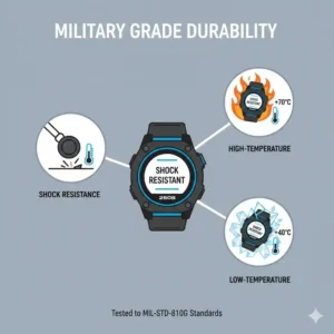An infographic showing the shock and heat resistance of rugged smartwatches for outdoor activities.
