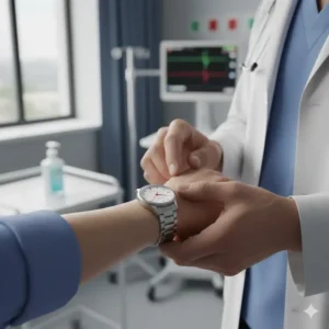 A close-up of a physician using one of the best watches for doctors and nurses with a red second hand to measure a patient's pulse.