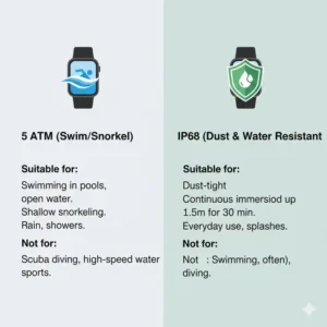 An educational infographic about 5ATM and IP68 ratings for waterproof smartwatches for swimming.