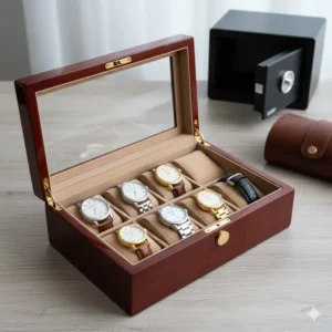 A high-quality wooden display box explaining how to store watches when not in use to prevent dust.