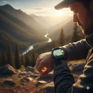 A hiker using GPS navigation and mapping features on the best smartwatches for fitness tracking.