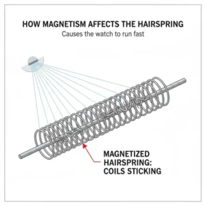 Close-up diagram of a sticky hairspring explaining the need for how to demagnetize a mechanical watch.