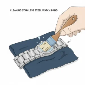 Using a specialized brush from the best watch cleaning kits on Amazon to clean a stainless steel watch band.
