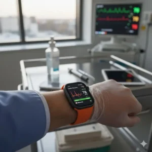 An orange-banded smartwatch displaying health data, categorized as one of the best watches for doctors and nurses for tech-savvy medics.
