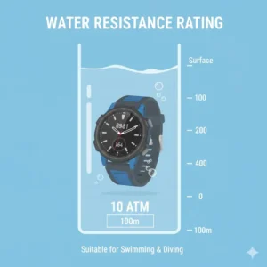 Illustration of water resistance depth ratings for rugged smartwatches for outdoor activities.