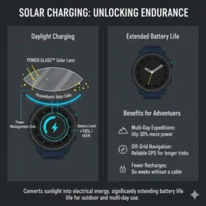 Diagram showing how solar power integration helps create the best smartwatches with long battery life for explorers.