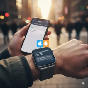 A runner using fitness features on smartwatches compatible with iPhone and Android while exercising.