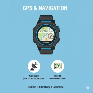 A top-down view of a GPS map display on rugged smartwatches for outdoor activities.