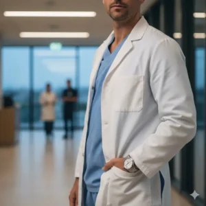 A doctor in a white lab coat wearing a luxury stainless steel timepiece from our list of best watches for doctors and nurses.