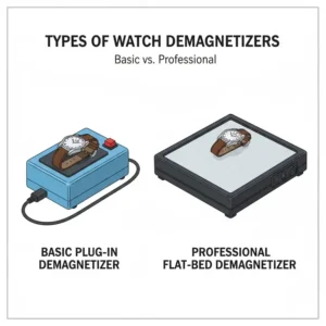 Comparing different tools and equipment used in how to demagnetize a mechanical watch.