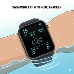 Close-up display of waterproof smartwatches for swimming showing the lap counter and stroke detection feature.