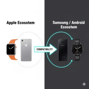 Navigation-focused apple watch vs samsung galaxy watch comparison highlighting the digital crown and the physical rotating bezel.
