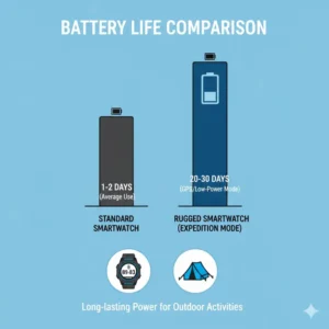 A comparison chart showing the extended battery life of rugged smartwatches for outdoor activities.