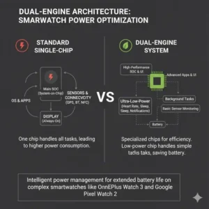 Technical illustration of the internal dual-processor system used in the best smartwatches with long battery life.
