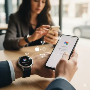 Close-up of message alerts on smartwatches compatible with iPhone and Android connected to a smartphone.